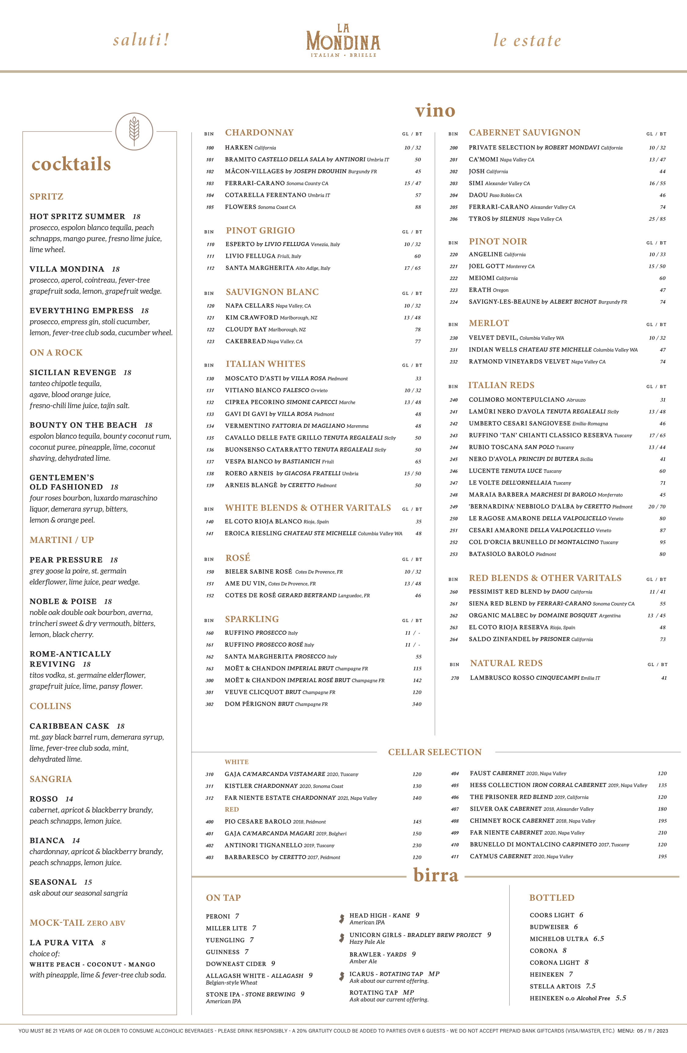 Drink Menu La Mondina Rustic Italian Fare in Brielle, NJ