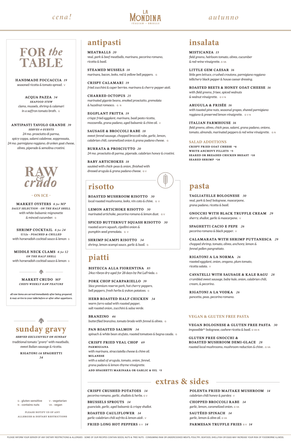Food Menu La Mondina Rustic Italian Fare in Brielle, NJ
